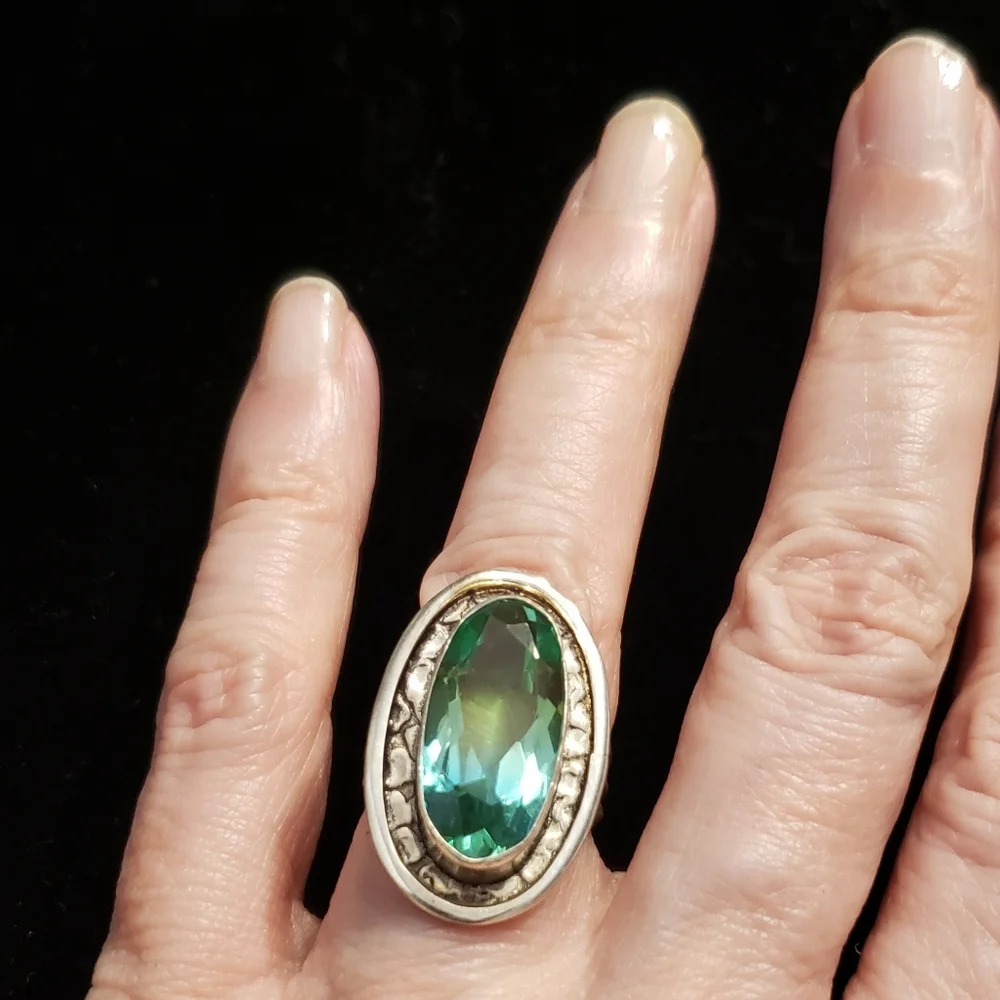 Nwot Tourmaline Blue/green Ring 925 Stamped, Nice Silver, Sz 6 Spectacular Color